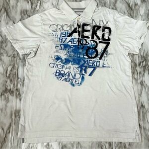 Aeropostale White and Blue Polo Shirt with Urban Graphics Vintage Vibes Y2K